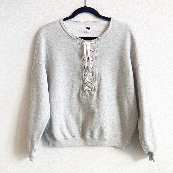 NSF Gray Pullover Sweatshirt Lace Up Neck  Cotton Crew Neck Frayed Neck  Small - Picture 1 of 7